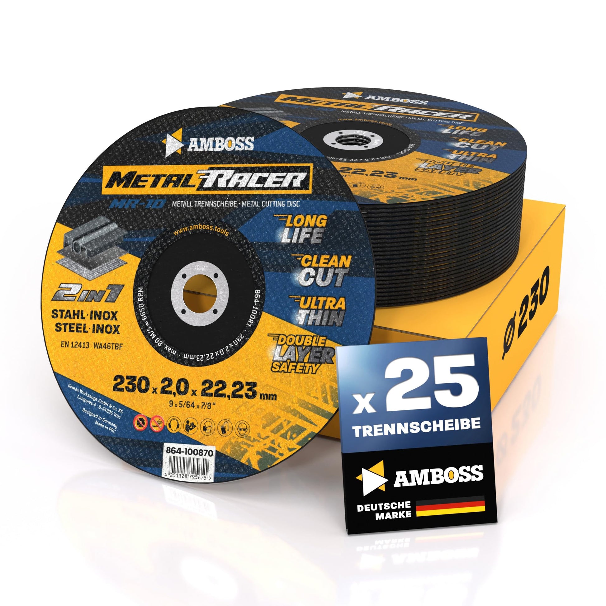 Amboss Metal Racer Trennscheibe 230 mm für Stahl & Inox, 25 Stück, runde Scheibe für Winkelschleifer