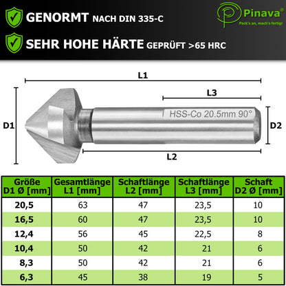 Pinava Kegelsenker Set HSS Cobalt 90° Ø 6.3-20.5 mm, 6-teilig