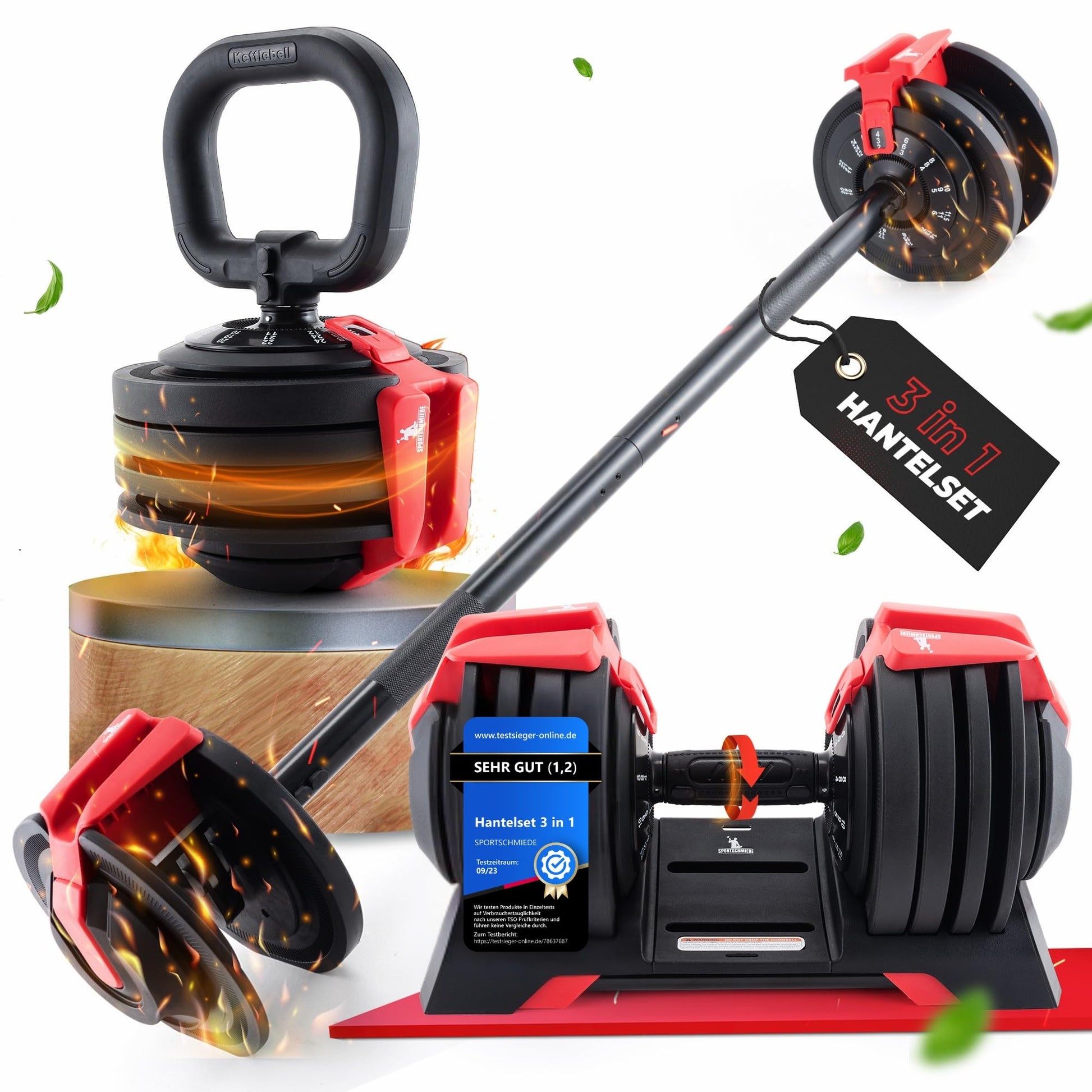 SPORTSCHMIEDE Hantelset verstellbar 3-24 kg, 3-in-1 Kurzhantel, kombinierbar zu Langhantel und Kettlebell