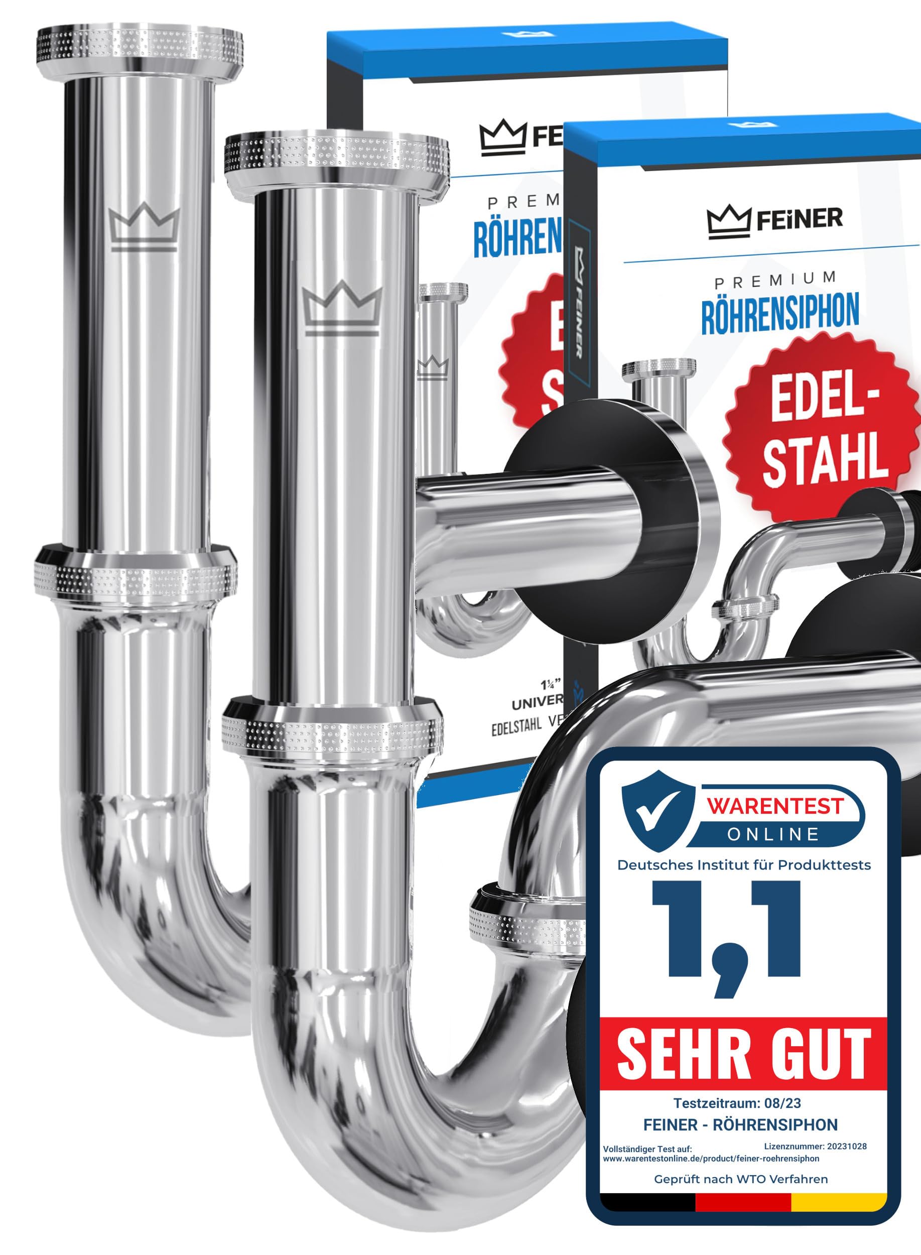 FEINER Universal-Siphon für Waschbecken, Edelstahl verchromt, 2er-Set – Siphonbogen mit Tauchrohr und Rosette in Chrom