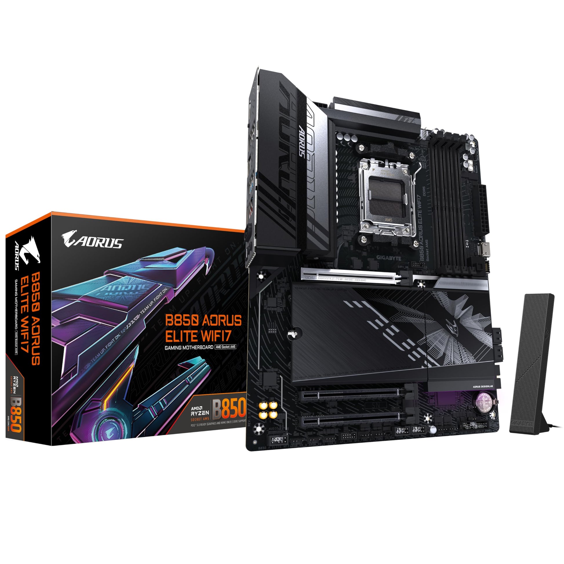 GIGABYTE B850 AORUS Elite WIFI7 Mainboard - Ryzen 9000. Schwarze Platine mit silbernen Kühlkörpern. Zentrale Verbindung für PC-Komponenten, mit Ryzen 9000 CPU-Sockel und WIFI7.