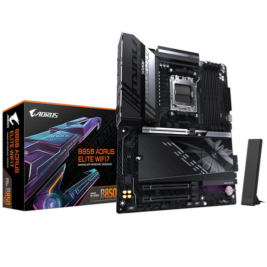GIGABYTE B850 AORUS Elite WIFI7 Mainboard - Ryzen 9000. Schwarze Platine mit silbernen Kühlkörpern. Zentrale Verbindung für PC-Komponenten, mit Ryzen 9000 CPU-Sockel und WIFI7.