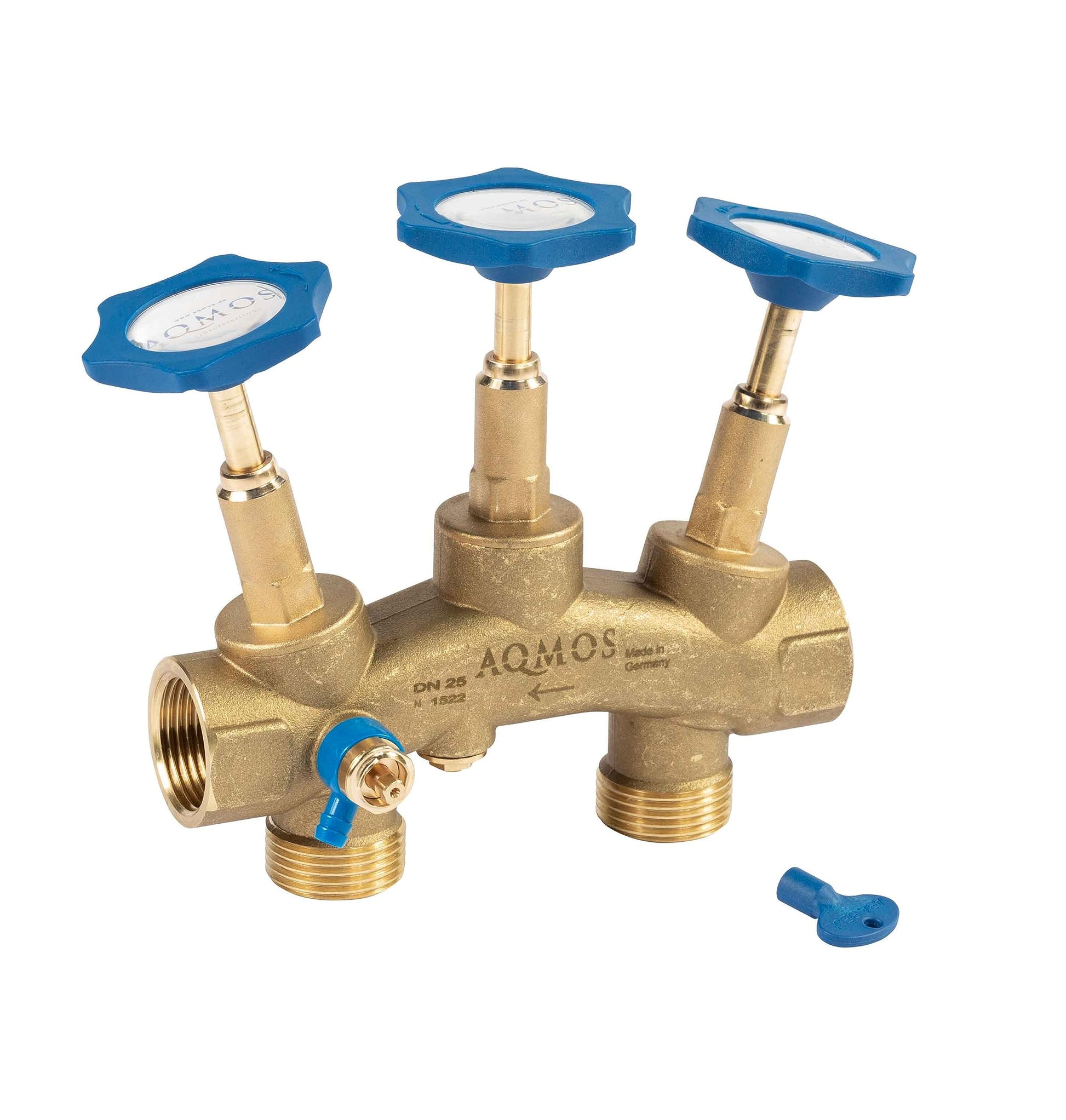 Aqmos Wasserenthärter Montageblock 1" IG/AG m. Verschneidung & Probeentnahme. Messingblock zur Resthärteeinstellung und Probennahme.