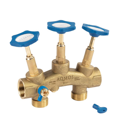 Aqmos Wasserenthärter Montageblock 1" IG/AG m. Verschneidung & Probeentnahme. Messingblock zur Resthärteeinstellung und Probennahme.