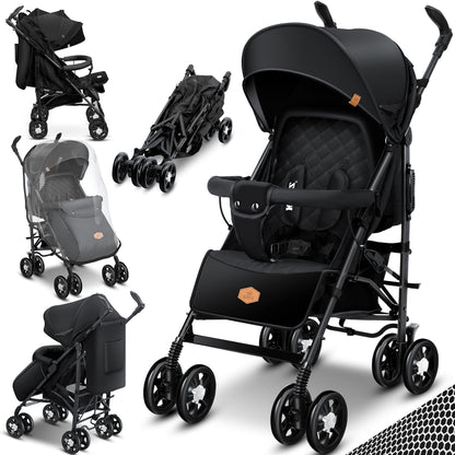 KIDIZ® City-Pro Kinderwagen Buggy mit Liegefunktion - Schwarz, kompakter Faltbuggy für Kindertransport in Sitz- & Liegeposition.