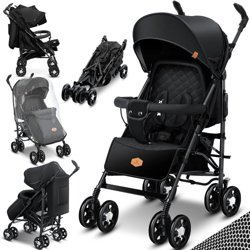 KIDIZ® City-Pro Kinderwagen Buggy mit Liegefunktion - Schwarz, kompakter Faltbuggy für Kindertransport in Sitz- & Liegeposition.