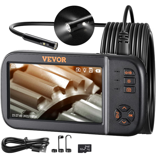 VEVOR Endoskopkamera Industrie - Dreifach Linsen, 4.5" IPS. Gerät mit Monitor und flexibler Sonde für industrielle Sichtprüfungen.