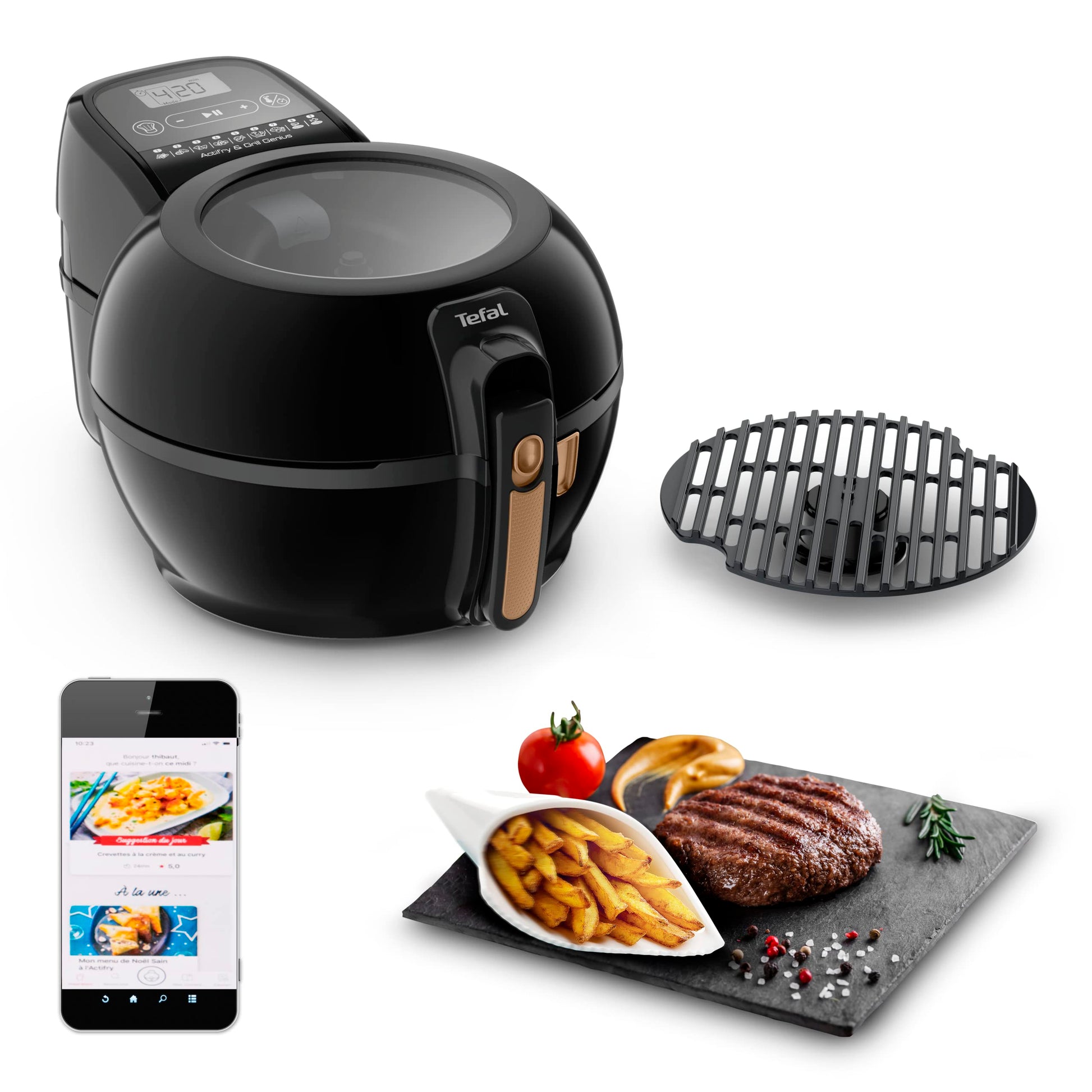 Tefal ActiFry & Grill Genius Heissluftfritteuse FZ7758 Schwarz. Kompaktes schwarzes Gerät zum fettarmen Frittieren und Grillen von Speisen.