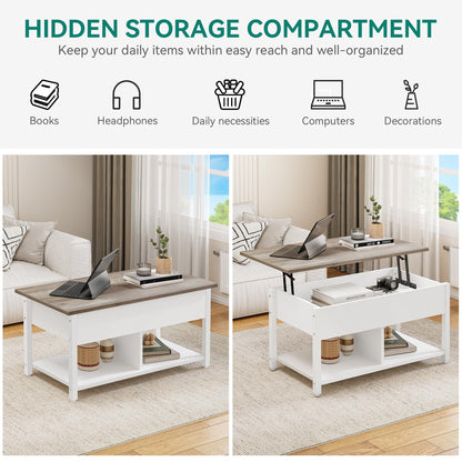 YITAHOME Couchtisch Anhebbar Höhenverstellbar Stauraum Weiss-Grau