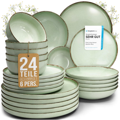 Pure Living Rustic Steingut Geschirrset - 24 tlg. Mintgrün: Mintgrünes Steingut-Geschirr mit rustikalem Finish zum Servieren von Speisen.