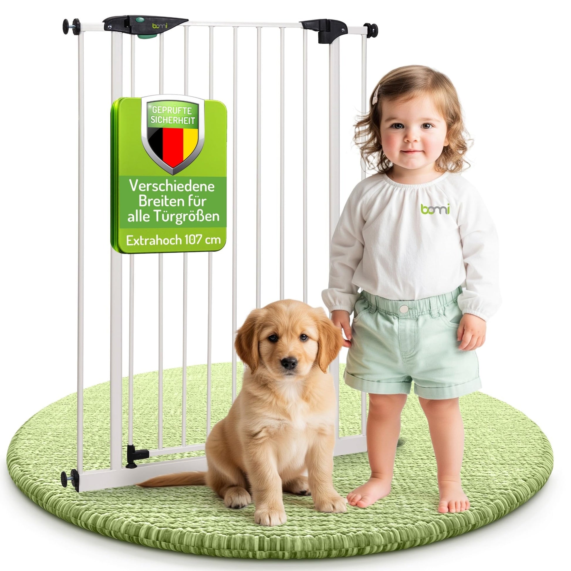 BOMI Mira Türschutzgitter - Weiss, Selbstschliessend, Extra Hoch. Sichert Treppen/Türen vor Kleinkindern/Haustieren; schliesst selbst.