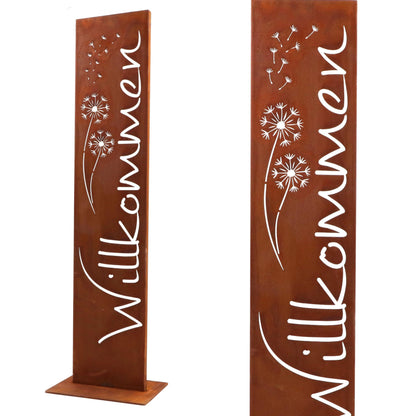 Rostikal Willkommensschild Edelrost mit Pusteblume, Gartendeko 71 cm – Metallschild in Rostoptik auf Standfuss