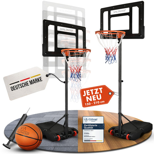 VALENESS Basketballkorb Outdoor höhenverstellbar 150-210 cm mit Ball – Ständer mit Rollen und Rückwand