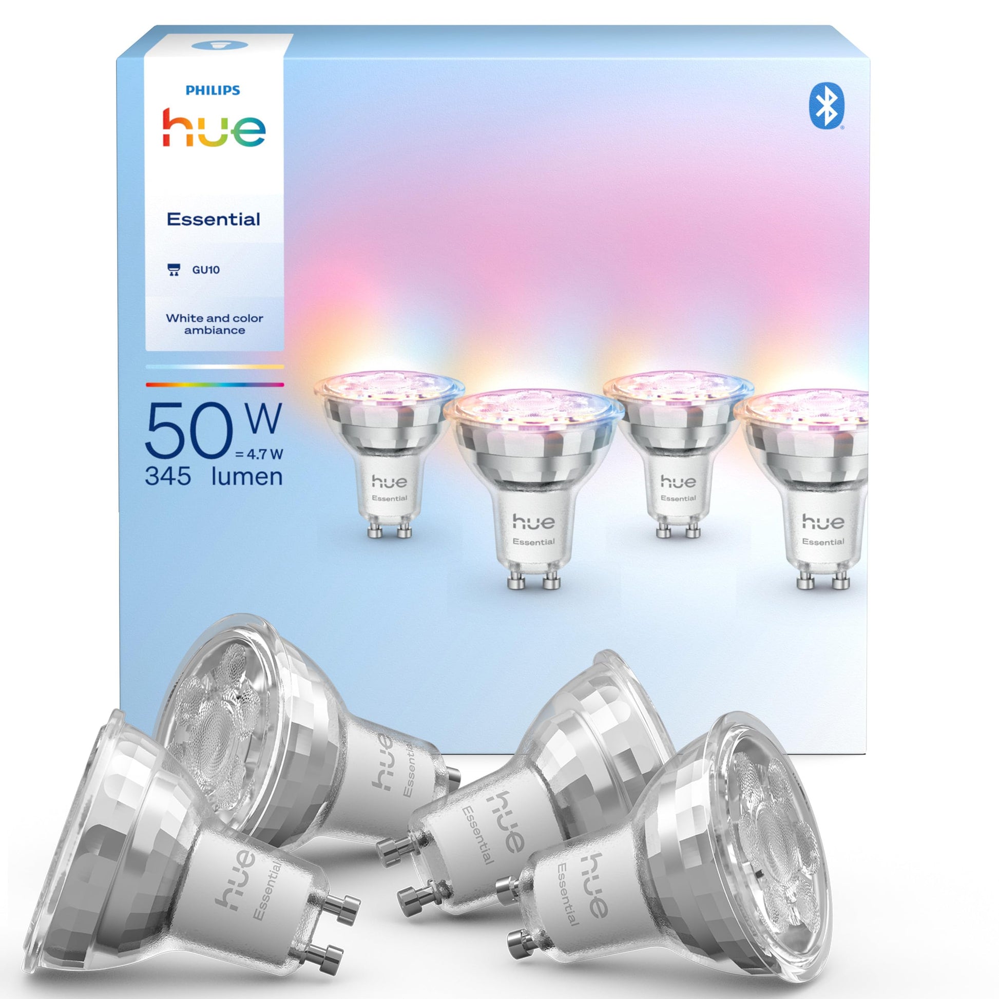 Philips Hue Essential GU10 LED Spot White & Color, 345 lm, 4er-Pack – dimmbarer LED-Spot mit GU10-Sockel