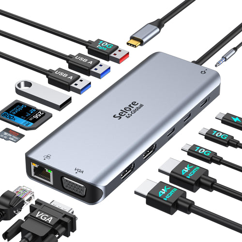 USB C Dockingstation 14-in-1 Triple Display 4K HDMI. Rechteckig, schwarz. Erweitert Laptop-Konnektivität für drei 4K-Monitore, USB, Ethernet, SD/TF.