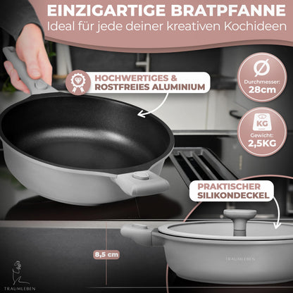TRAUMLEBEN Bratpfanne 28 cm mit Deckel, abnehmbare Griffe, ofenfest