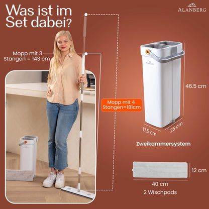 ALANBERG XL Wischmopp Set 2-Kammer – Selbstauswringend Weiss
