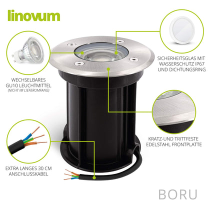 linovum BORU Bodeneinbauleuchte GU10 IP67 befahrbar rund 4er-Set