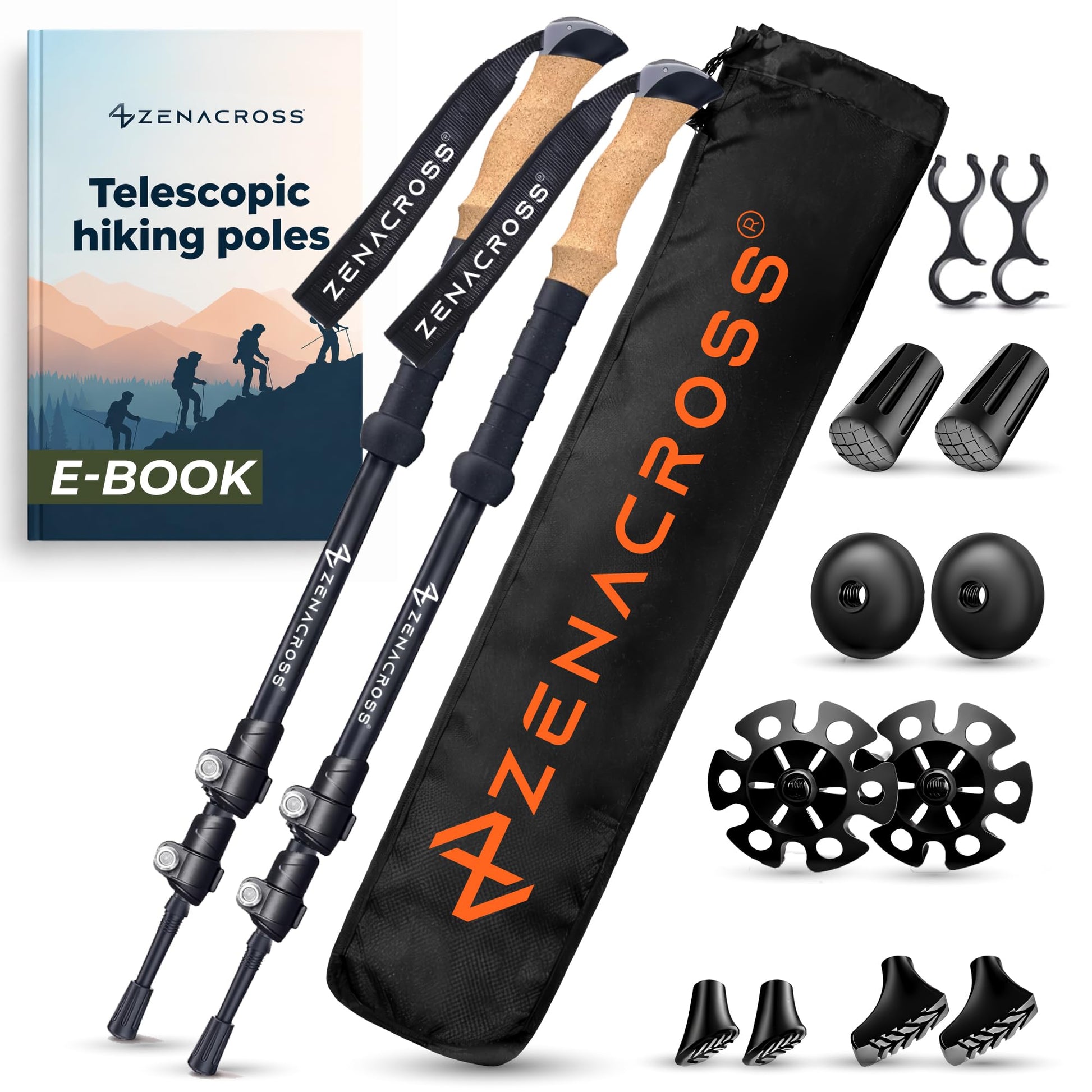 Zenacross Wanderstöcke Teleskop mit Korkgriff, 65-135 cm verstellbar, Aluminium, mit Gummipuffer und Tellern