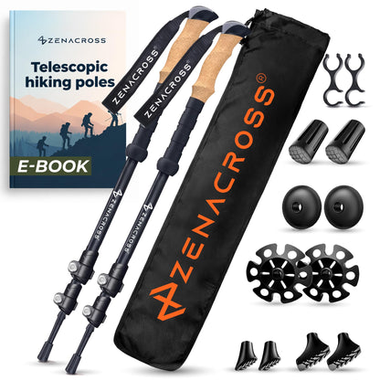 Zenacross Wanderstöcke Teleskop mit Korkgriff, 65-135 cm verstellbar, Aluminium, mit Gummipuffer und Tellern