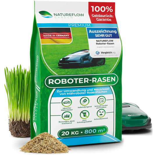 Natureflow Mähroboter Rasensamen schnellkeimend 20kg. Kleine, granulare Samen zur schnellen Regeneration und Verdichtung von Mähroboter-Rasen.