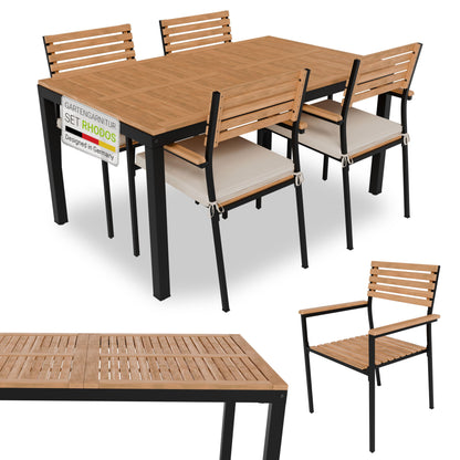 Juskys Rhodos Akazienholz Gartengarnitur 5-teilig Natur/Schwarz: Akazienholz-Sitzgruppe mit schwarzem Gestell, für Outdoor-Essbereiche.