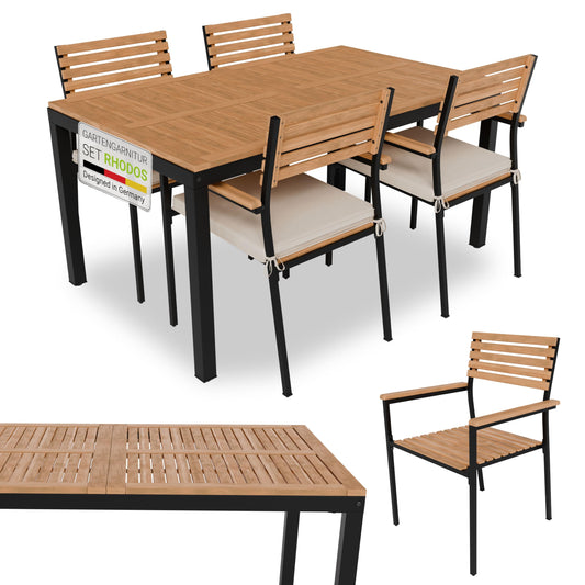 Juskys Rhodos Akazienholz Gartengarnitur 5-teilig Natur/Schwarz: Akazienholz-Sitzgruppe mit schwarzem Gestell, für Outdoor-Essbereiche.