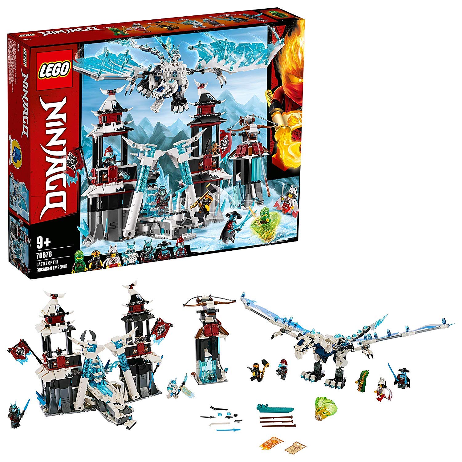 LEGO Ninjago 70678 Festung Eisdrache Spielset. Blaue und weiße Drachenfestung. Ermöglicht actionreiche Rollenspiele mit Ninja-Minifiguren und dem beweglichen Eisdrachen.
