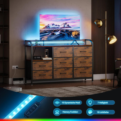 ODK Kommode mit LED, 8 Stoffschubladen, USB & Steckdosen, Vintage