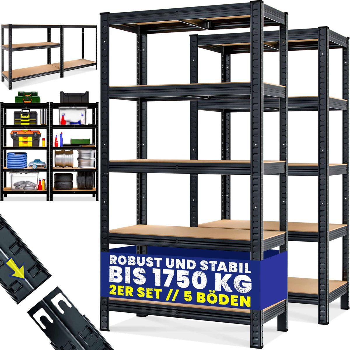 Monzana Schwerlastregal 2er-Set, 180x90x40 cm, 2x 875 kg, schwarz – Steckregal aus Stahl mit MDF-Böden