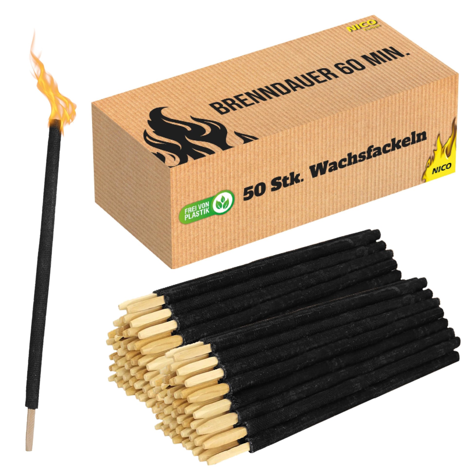 NICO Feuerwerk Wachsfackeln 50 Stück mit Handschutz, 60 Min – Holzstiel und Tropfschutz aus Pappe
