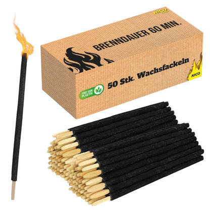 NICO Feuerwerk Wachsfackeln 50 Stück mit Handschutz, 60 Min – Holzstiel und Tropfschutz aus Pappe