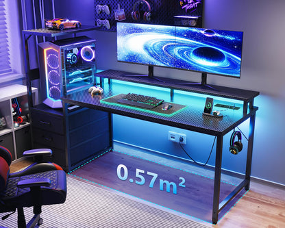 Coleshome Gaming Tisch 151x50cm LED Schubladen Carbon Schwarz