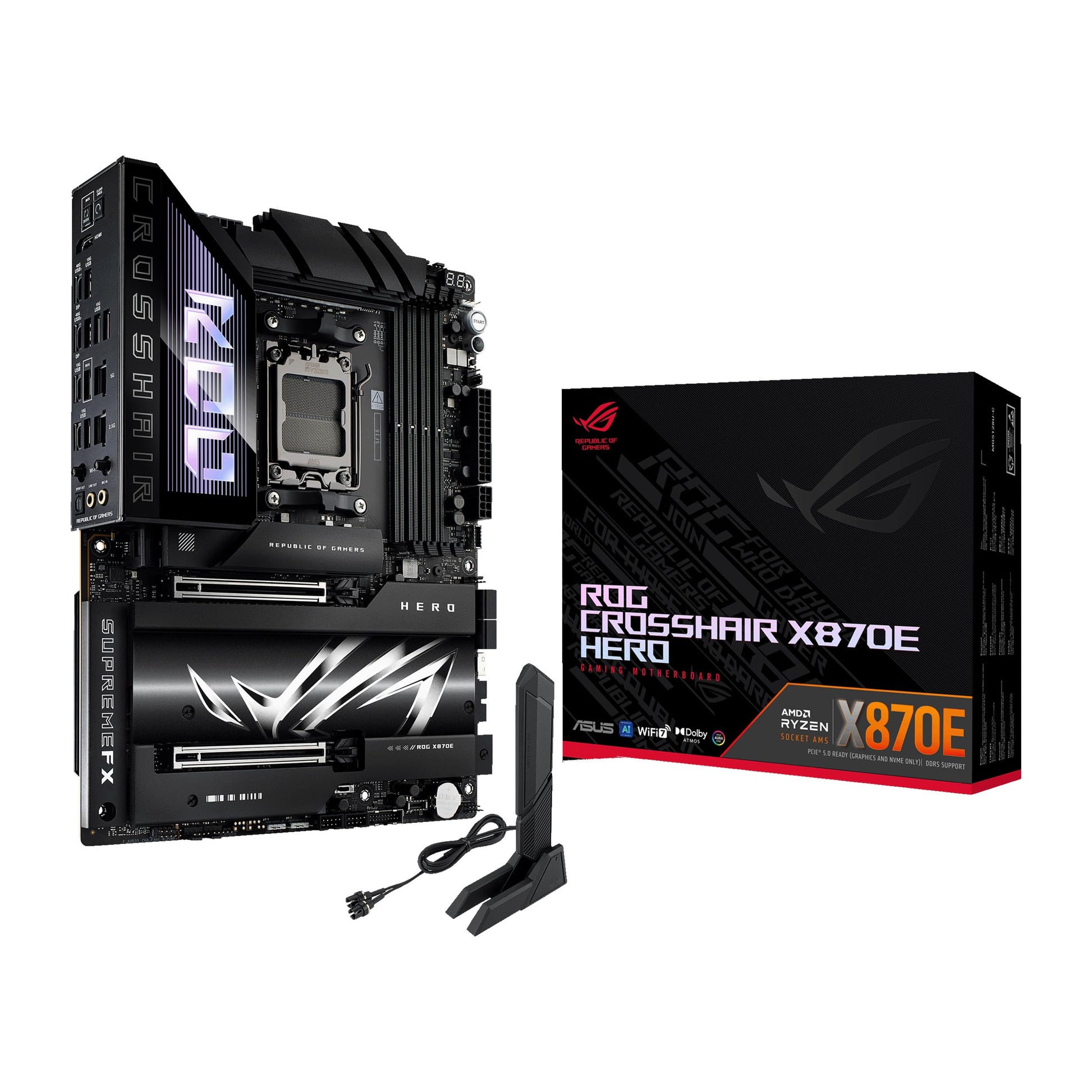 ASUS ROG CROSSHAIR X870E HERO Mainboard Sockel AM5: Dunkles ATX-Board mit AM5-Sockel, VRM-Kühlkörpern, PCIe-Slots. Verbindet PC-Komponenten.