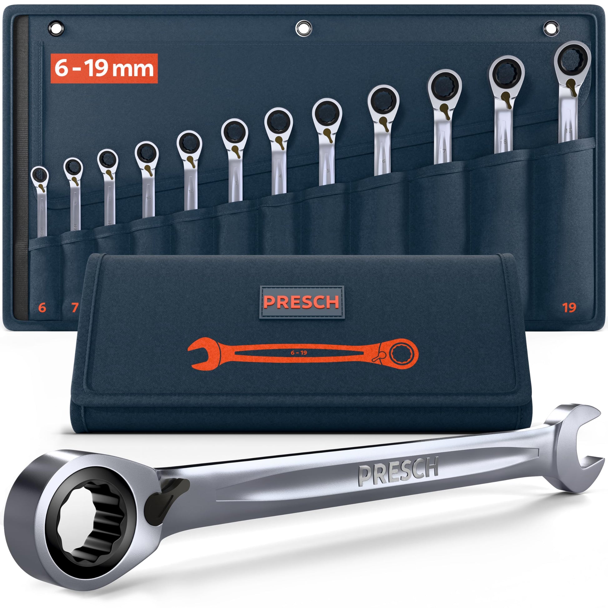 PRESCH Ratschenschlüssel Set 12tlg. umschaltbar 6-19mm. Chromfarbene Gabel-Ringschlüssel mit Ratschenmechanismus für metrische Verschraubungen.