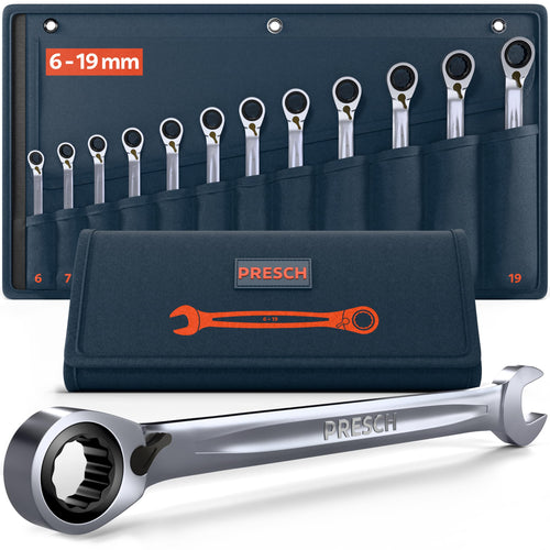 PRESCH Ratschenschlüssel Set 12tlg. umschaltbar 6-19mm. Chromfarbene Gabel-Ringschlüssel mit Ratschenmechanismus für metrische Verschraubungen.
