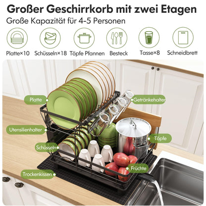 Boosiny Abtropfgestell Edelstahl 2-stöckig mit Abtropfmatte Schwarz