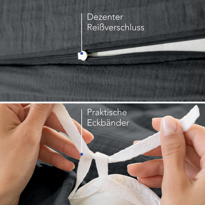 Dreamzie Musselin Bettwäsche 2er-Set 135x200 cm Dunkelgrau