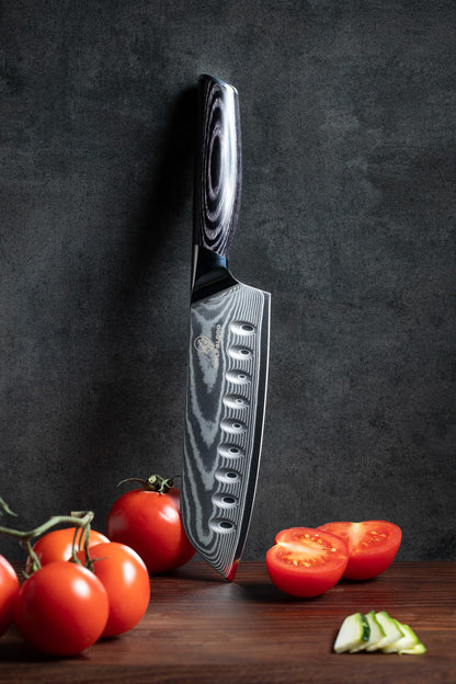 Wolfblood PRO Damast Santoku Messer XL - Profi Küchenmesser