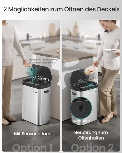 SONGMICS Sensor-Mülleimer, 50 L, Softclose, Stahl, silber-schwarz