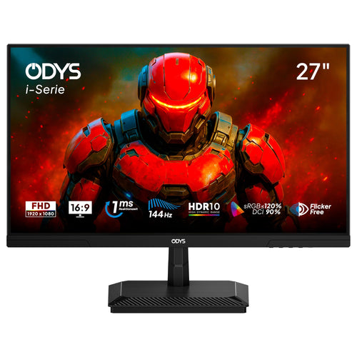ODYS i27-F-144 Gaming Monitor - 27 Zoll Full HD 144 Hz. Schwarzer, rechteckiger Bildschirm auf Standfuß. Optimiert für flüssiges Gaming.
