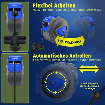 MASKO Automatik Kabeltrommel 20m Wandhalterung 3-fach