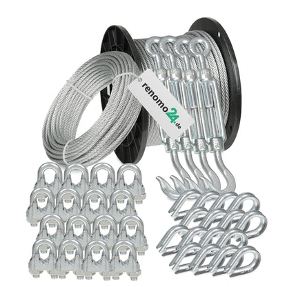 Renomo24 Drahtseil Set 6 Stahlseil-Set - 40m 5mm verzinkt: Silbernes, geflochtenes Drahtseil. Zum Spannen, Sichern und Aufhängen von Objekten.