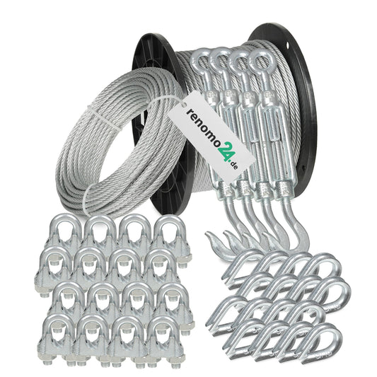 Renomo24 Drahtseil Set 6 Stahlseil-Set - 40m 5mm verzinkt: Silbernes, geflochtenes Drahtseil. Zum Spannen, Sichern und Aufhängen von Objekten.