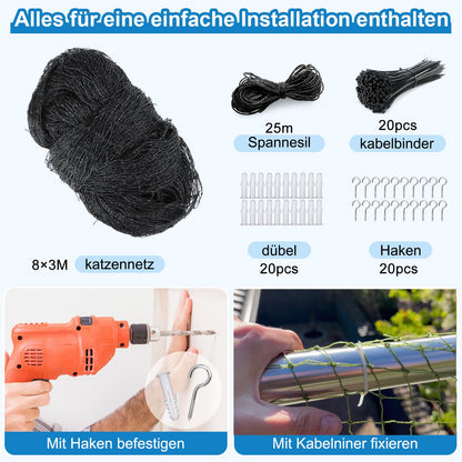 Aystkniet Katzennetz für Balkon 8 x 3 m, drahtverstärkt, UV-beständig