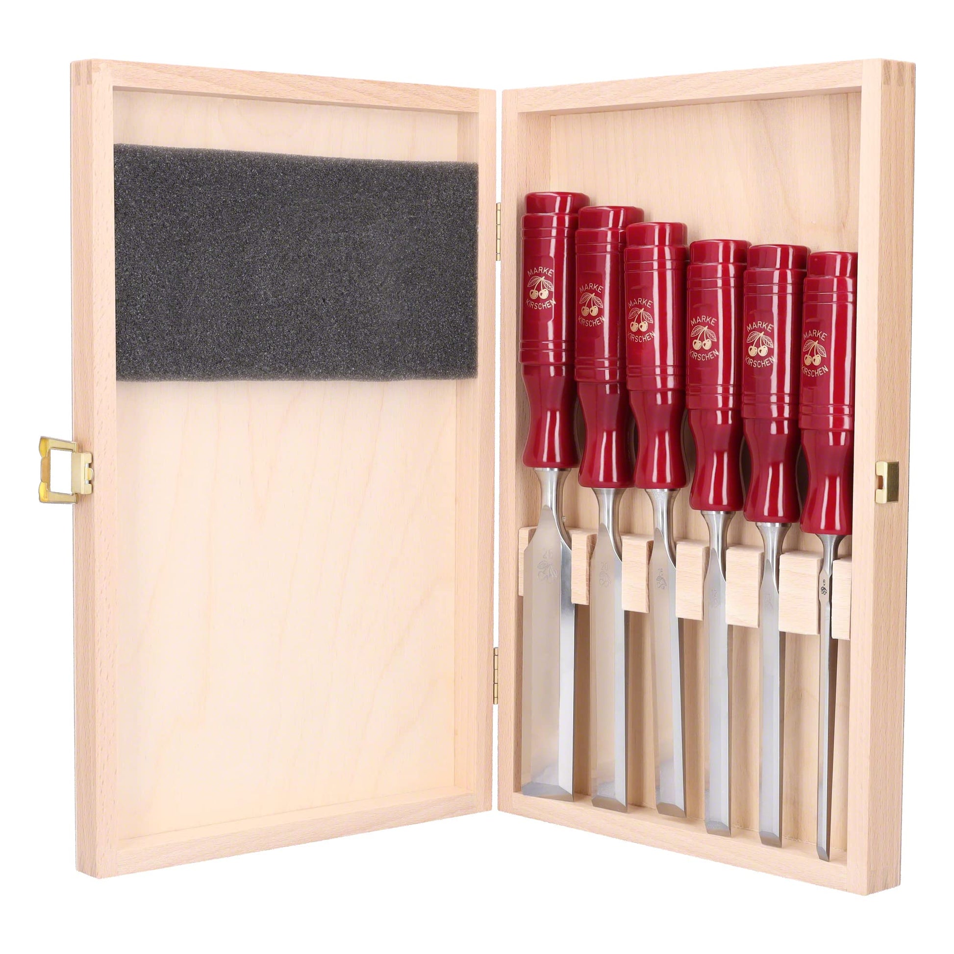 KIRSCHEN Stechbeitelsatz 6-teilig, Plastikheft im Holzkasten. Set aus 6 Stechbeiteln mit Kunststoffheften im Holzkasten für Holz.