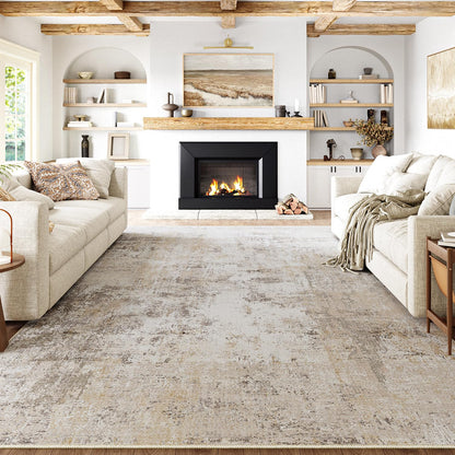 HUGEAR Teppich Wohnzimmer 240 x 300 cm, Beige Grau, waschbar, Kurzflor mit abstraktem Muster und rutschfester Unterseite
