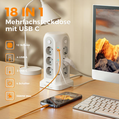 TESSAN Steckdosenturm 12-fach mit USB-C, 5 m Kabel, Weiss