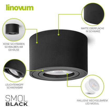 linovum SMOL LED Aufbauspot – 6er Set schwarz flach schwenkbar