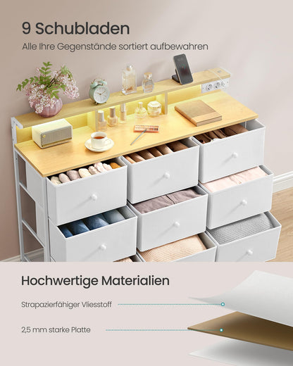 SONGMICS Kommode mit 9 Schubladen und LED-Beleuchtung, wolkenweiss